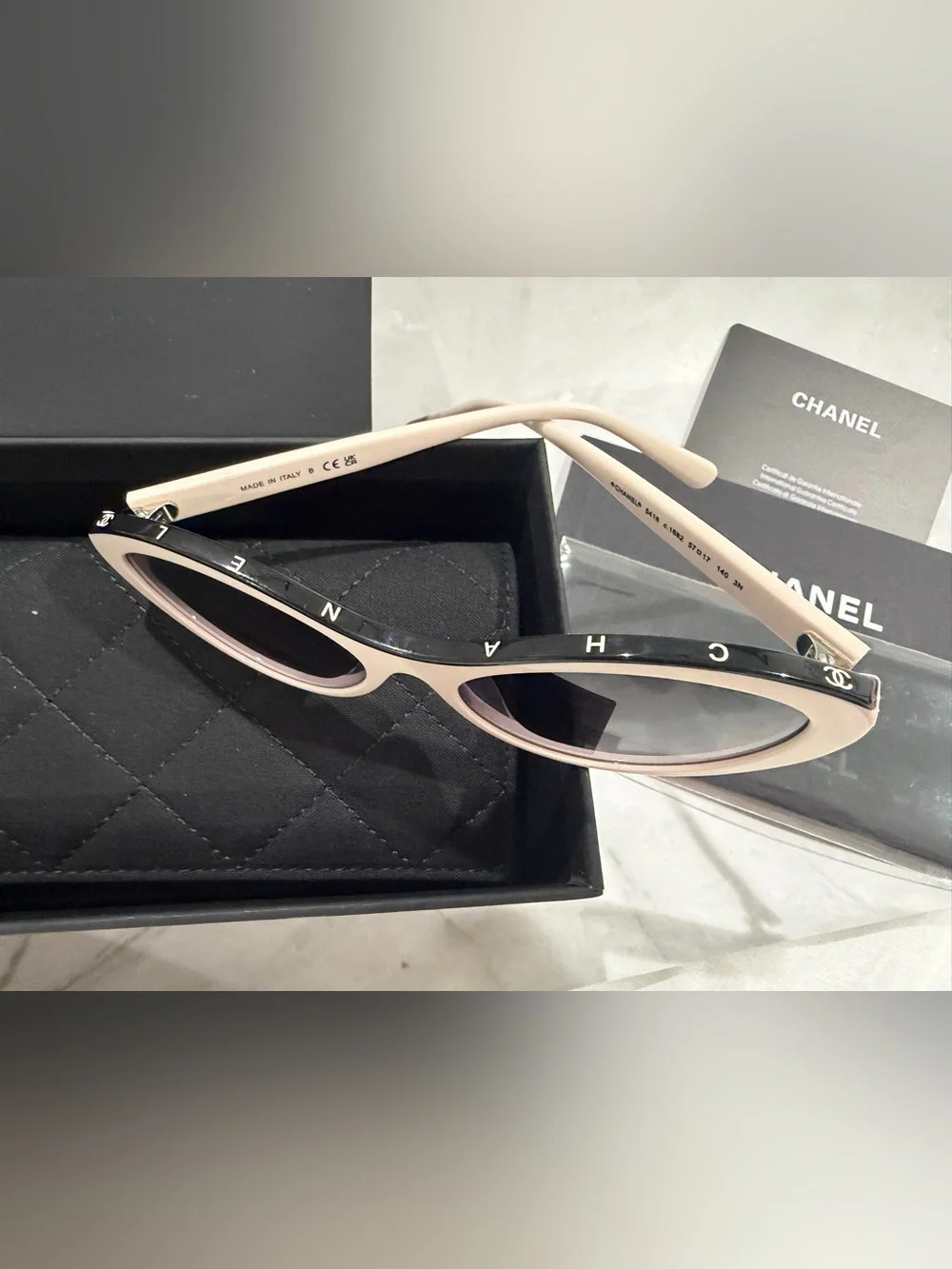Beige/Pink Tone and Black Cat-Eye Sunglasses with Dark Lenses